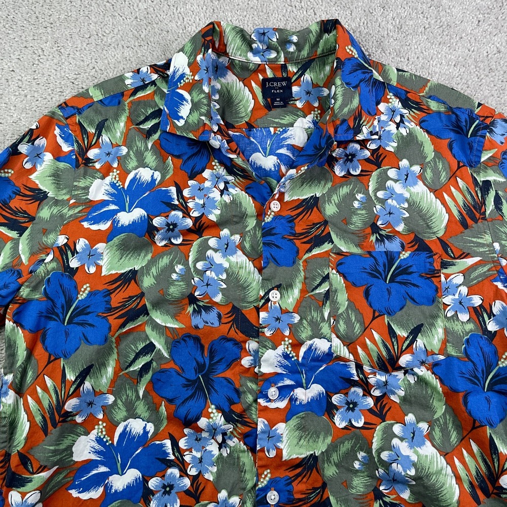 J Crew Shirt Mens Medium Orange Blue Floral Hawaiian Hibiscus Flex Loop Collar
